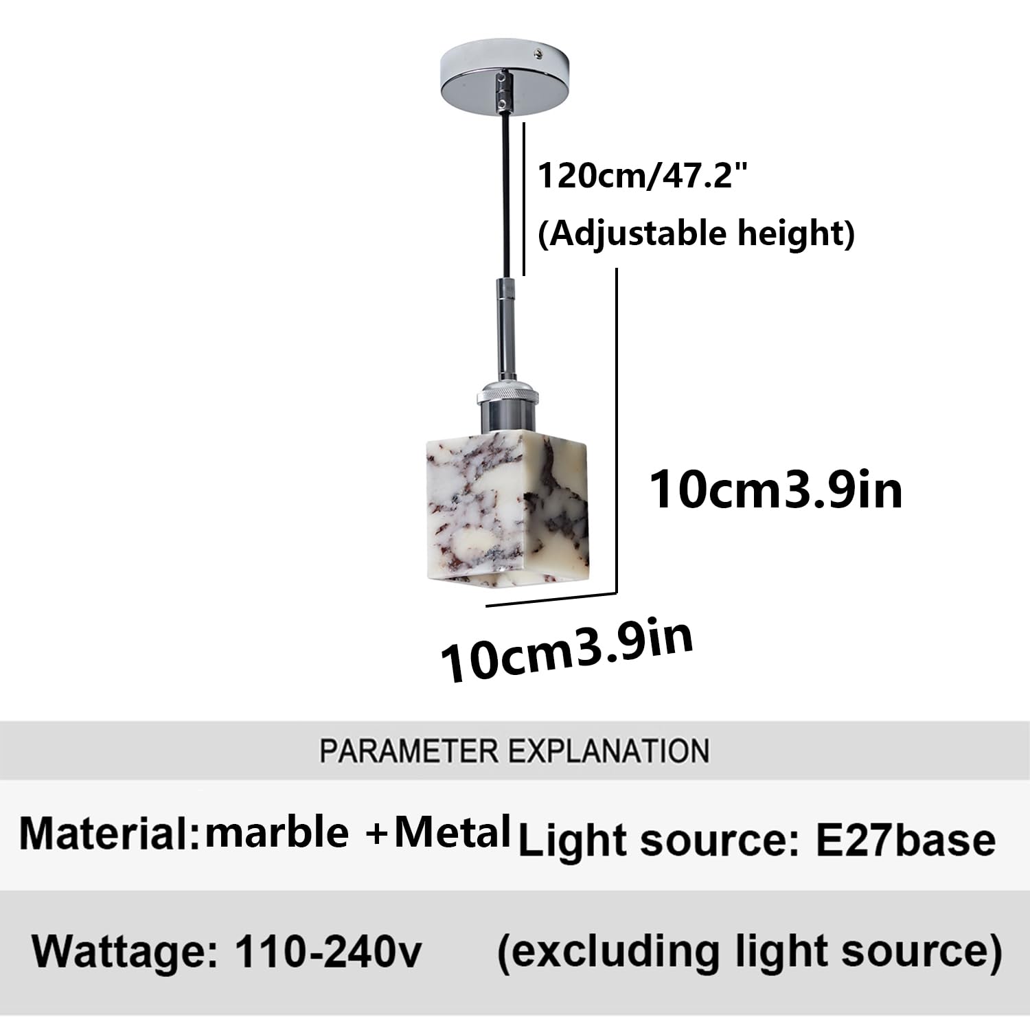 Lampa Wisząca Z Naturalnego Marmuru Kwadratowy Żyrandol Sufitowy 3,9 Cala Unikalna Tekstura Kamienia Ręcznie Polerowana Podstawa E27 Wiatr Wabi-Sabi W Stylu Hiszpańskim Do Korytarza,