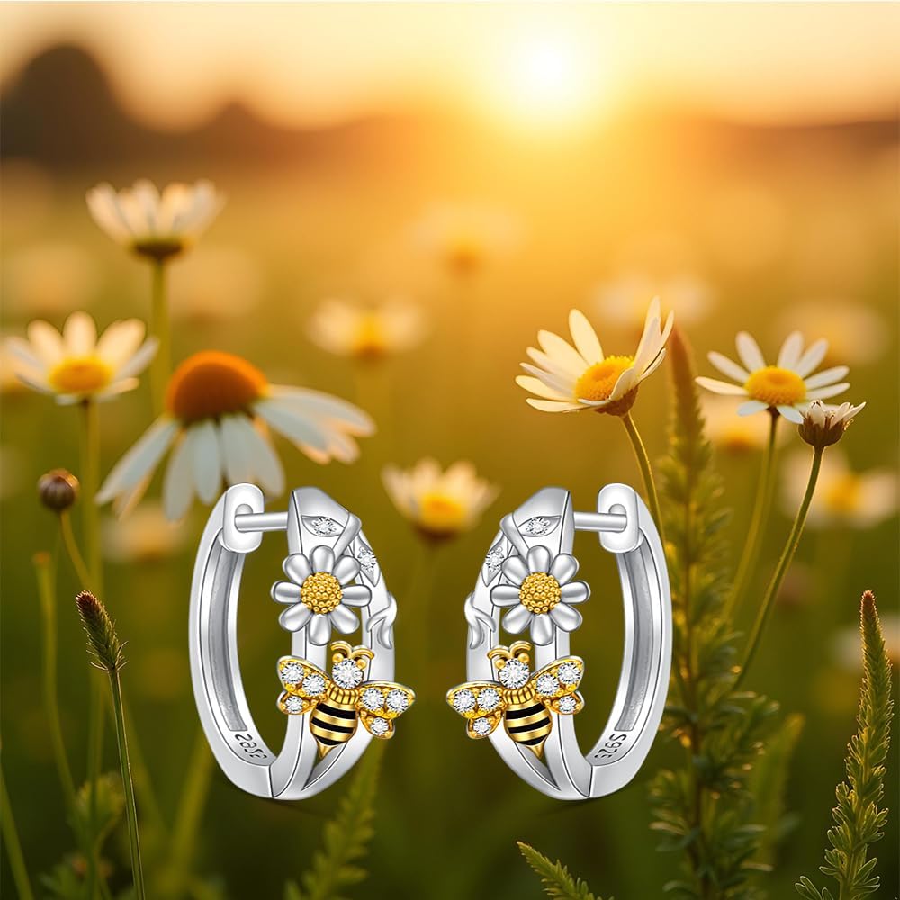 Bee Earrings for Women Sterling Silver Daisy Hoop Earrings Cute Animal Bumble Bee Jewelry Mother’s Day Jewelry Gifts for Women Lovers - Image 8