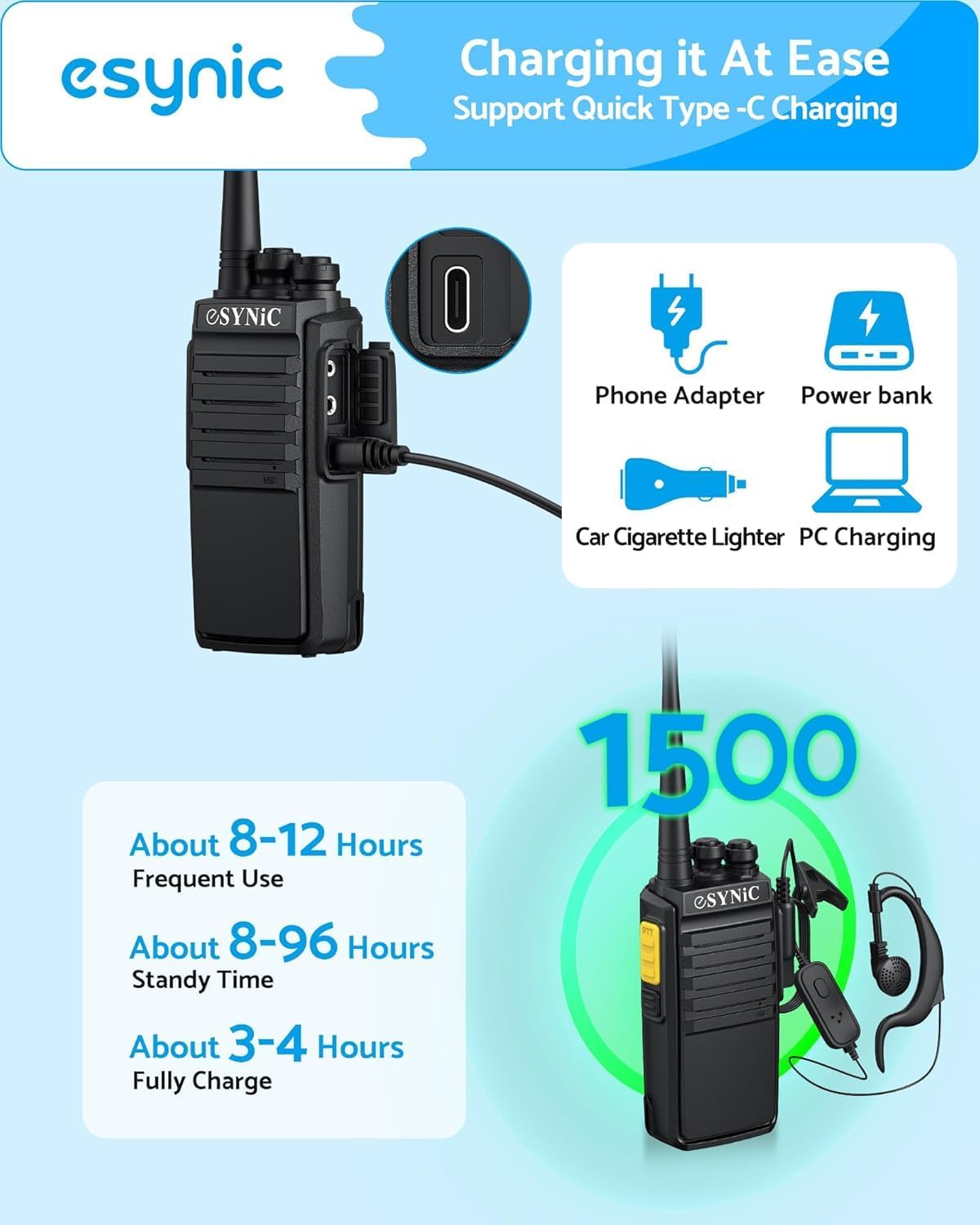 eSynic 5-Pack Walkie Talkies-5KM/3Miles Long Range 16CH Digital Walky Talky with Earpieces-USB-C Rechargeable, VOX Hands-Free, Noise Reduction&Durable Boby for Construction/Events/Outdoor (5 Pack)