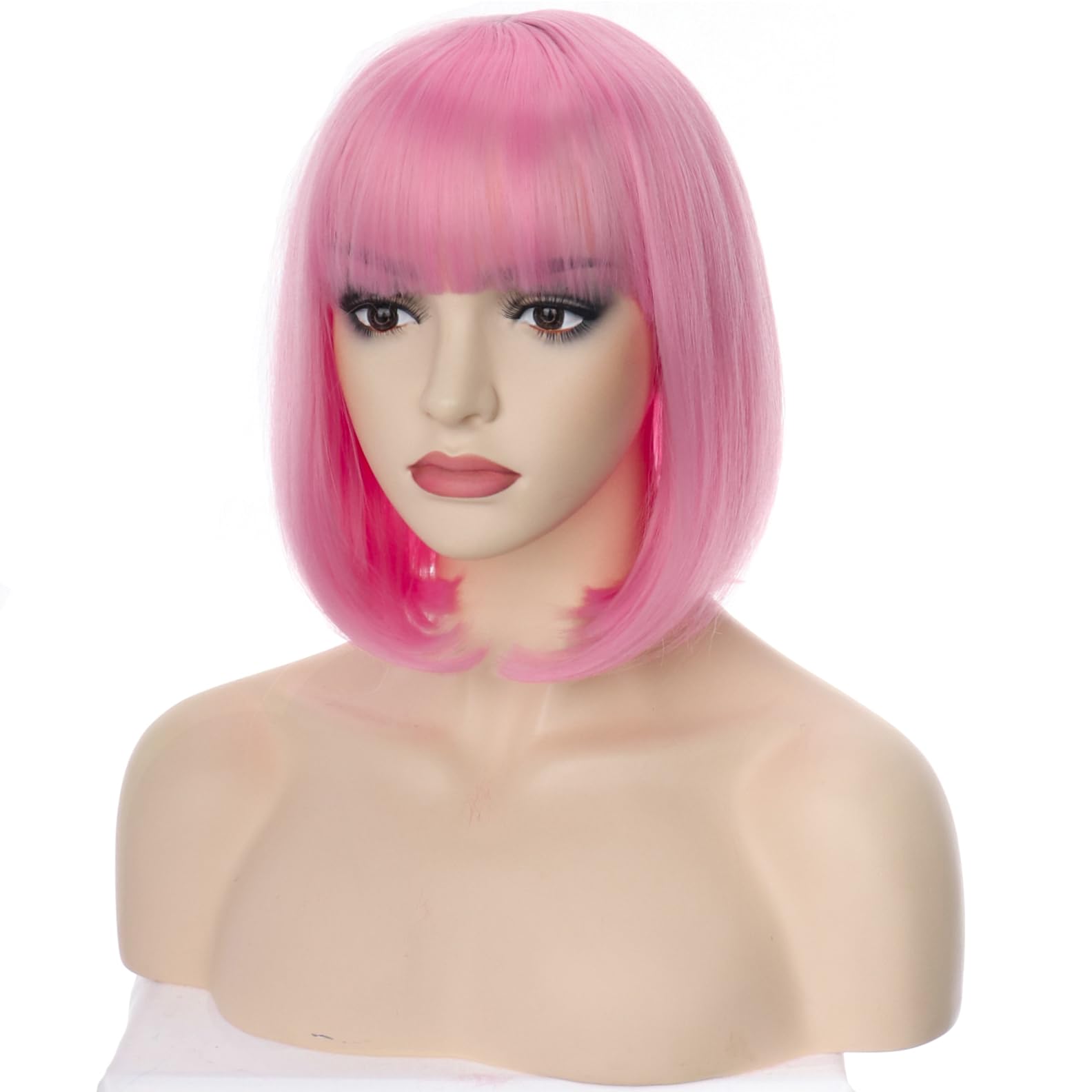 PORSMEER Short Pink Bob Wigs with Fringe For Unisex Womens Natural Synthetic Hair Colorful Costume Cosplay Wig for Anime Halloween Fancy Dress Party+Wig Cap,rosa - Image 4
