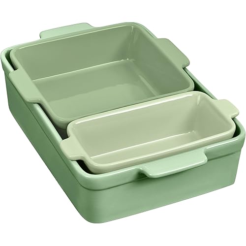 Best Choice Products 3-Piece Ceramic Bakeware Set, Stoneware Baking Dishes, Porcelain Casserole Bakeware Dishes, Serving Dishes - 9x12 Casserole, Loaf Pan, 8x8 Baking Dish - Sage Green