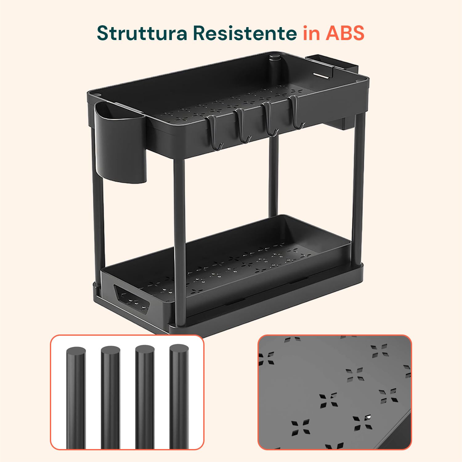 Avilia - Organizer Sottolavello Cucina a 2 Ripiani con Cestelli e Ganci per Ottimizzare Spazio in Bagno e Cucina, Facile da Montare, Ideale per Detergenti e Accessori di Uso Quotidiano