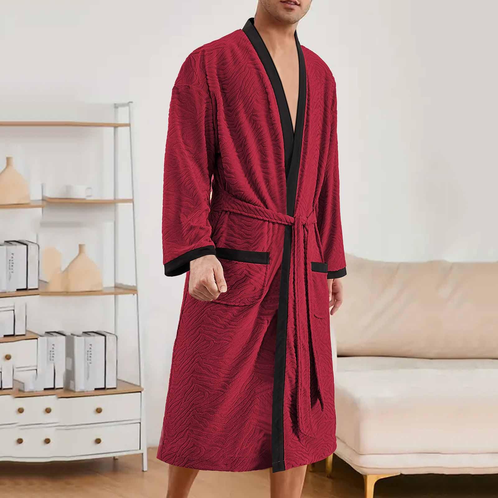 HAOLEI Albornoz Hombre de Rizo Batas Largo de Casa para Hombres Microfibra Bata Kimono Manga Larga Largos Ligero Ropa de Dormir con Cinturón y Bolsillos Suave Cómodo Albornoz Ducha Casual Pijama
