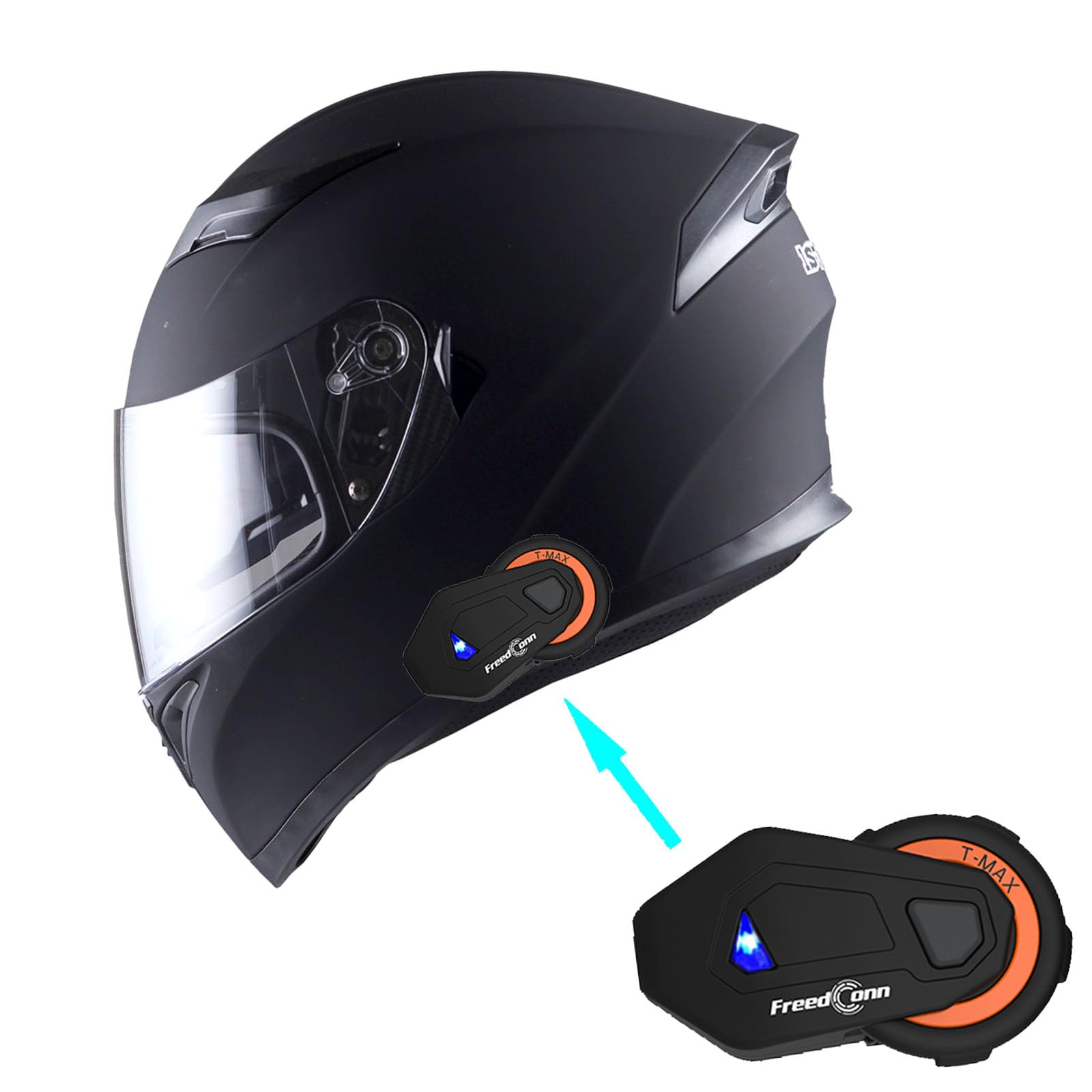 1Storm Motorcycle Full Face Dual Visor Helmet Bundle with Spoiler and Motorcycle Bluetooth Headset: HJK316 Matt Black