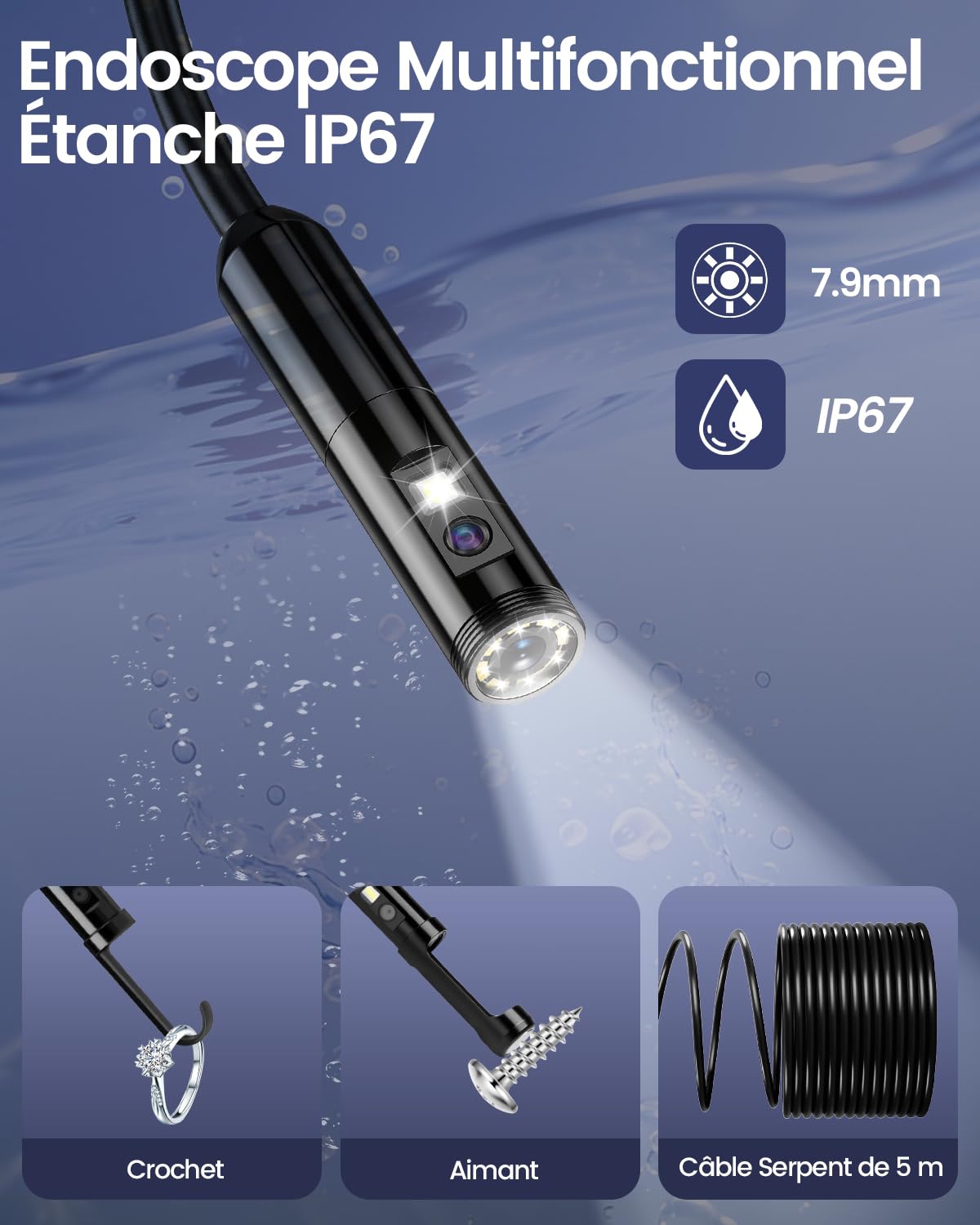 Camera Endoscopique, Camera Canalisation à Double Objectif HD 1920P, Caméras d'Inspection Sonde de 7,9mm Étanche IP67 avec 8 LED, Câble Semi-Rigide de 5M pour Android iPhone Tablettes