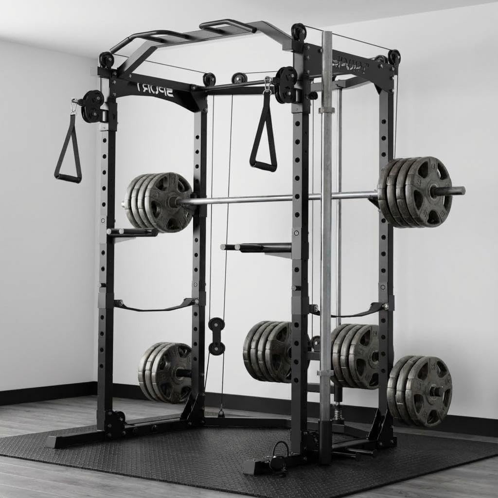 Power Cage for Home Gym with Dual Pulley Cable System, 1600LB Squat Rack, Multi-Functional Squat Cage with LAT Pulldown & Attachments, Weight Cage for Strength Workout