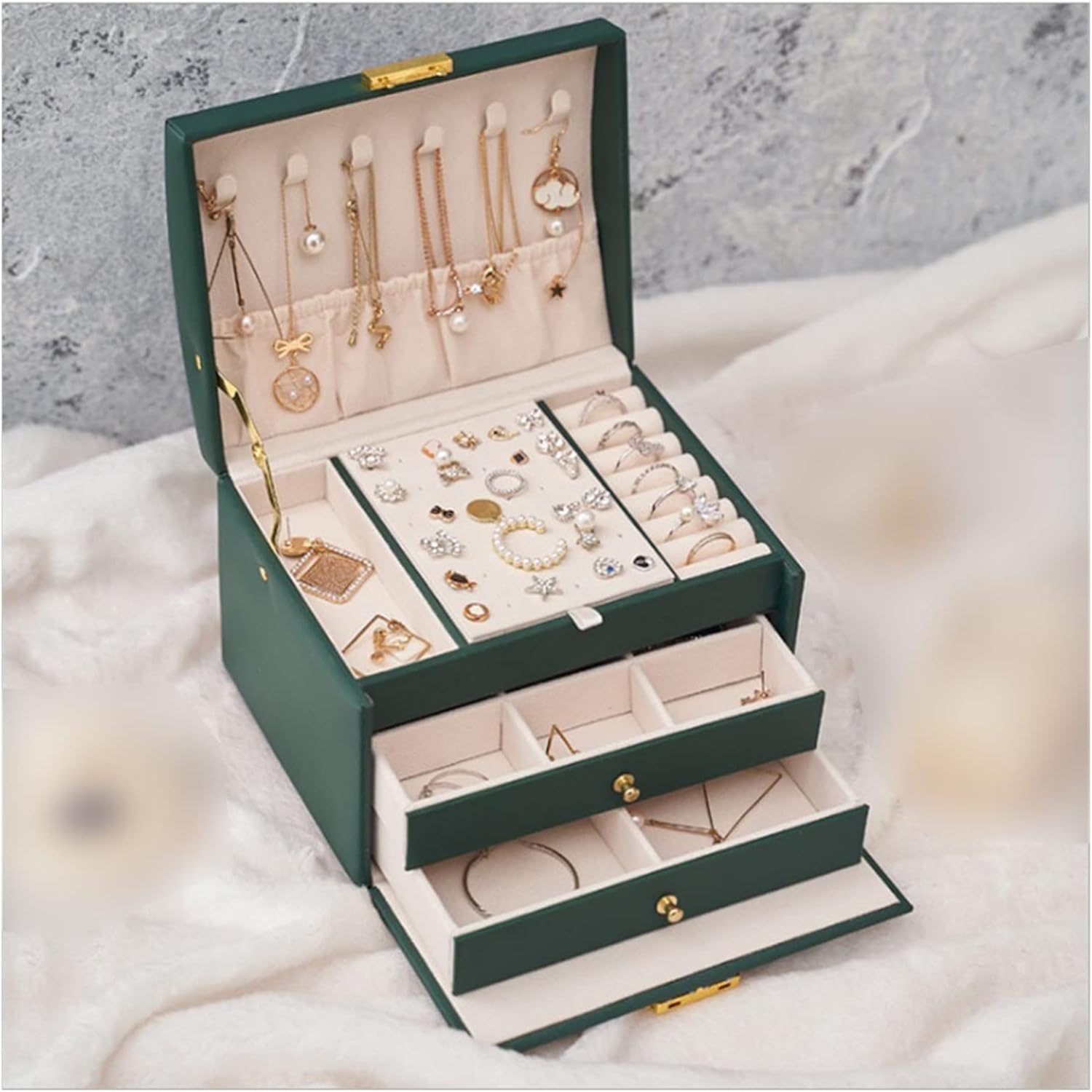 Three-Tier Storage Jewelry Box with Mirror Portable Silk Thread Storage Box Stud Earrings Ring Jewelry Box