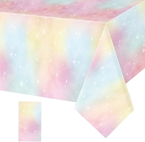 Miniatura 8 de Tiamon Manteles de arcoíris pastel, mantel de unicornio para decoración de fiesta de cumpleaños, fundas desechables de plástico para niñas,
