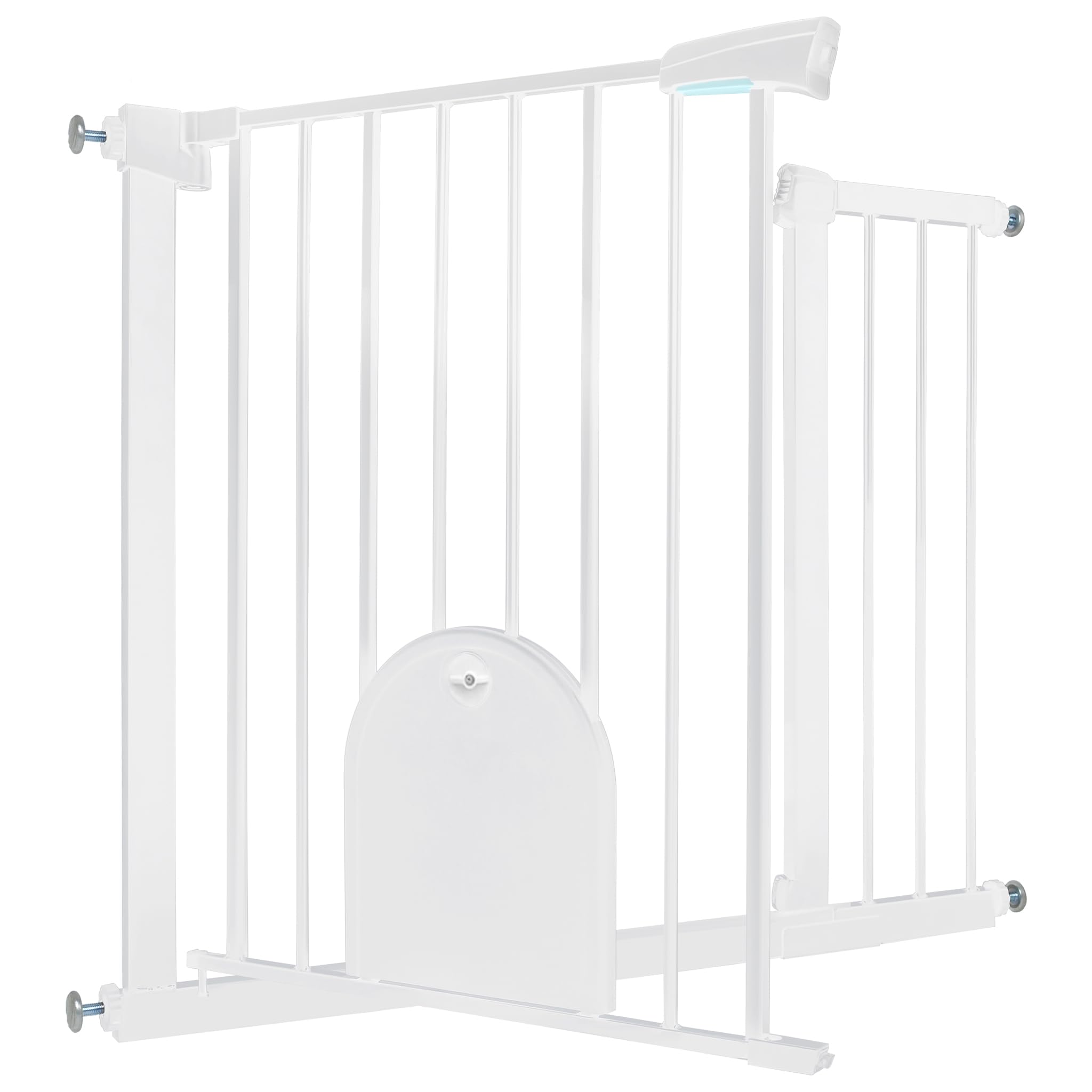 HENGMEI Rejilla protectora para escaleras, sin agujeros, 95-105 cm, cierre automático, puerta de metal para seguridad infantil, color blanco (con puerta para mascotas)