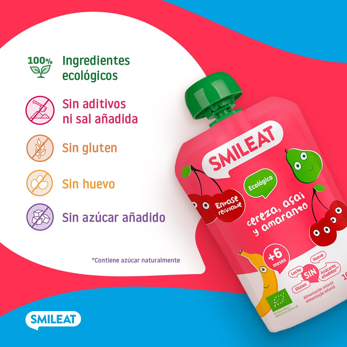 Smileat - Pouch de Frutas Ecológicas - Sin Sal ni Azúcar Añadido, Sin Gluten - Snack Práctico para Peques - Sabor a Cereza, Açai y Amaranto — view 4
