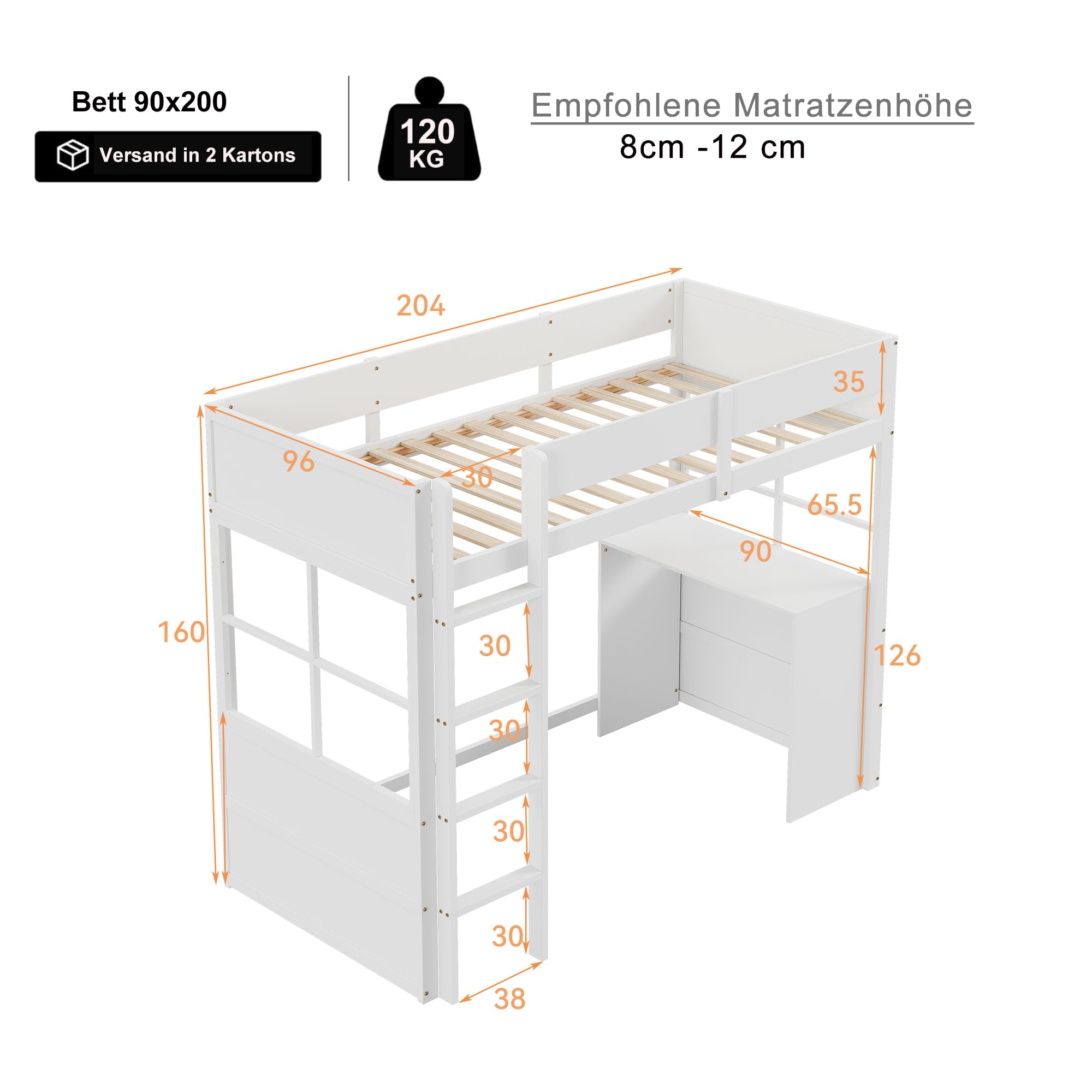 Sapgaks - Cama altillo de 90 x 200 cm, cama infantil con escalera de seguridad y mesa, diseño de alta valla, cama individual de madera, color blanco