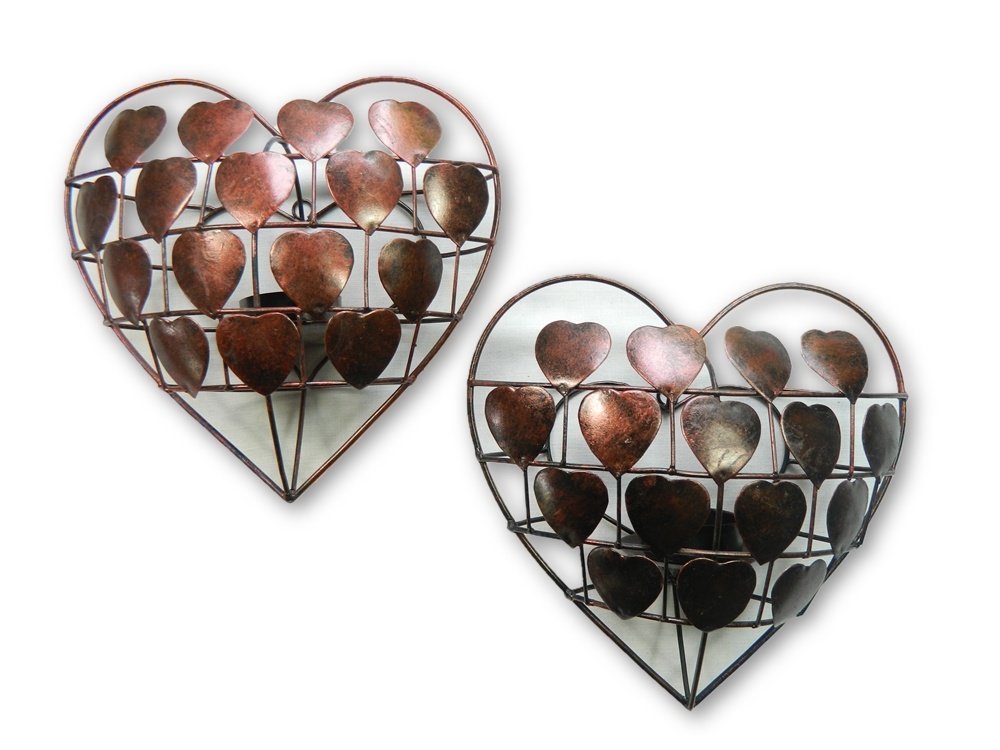 Pair of Handmade Bronze Sconces - Love Heart Ornament Tealight Holder - Handmade Indoor & Outdoor Decoration - Romantic Garden & Home Decor - Metal Wall Candle Holders Ideal Christmas or Birthday Gift