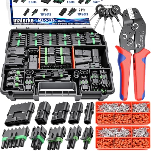 maierke 476Pcs 37 Kits Waterproof Automotive Electrical Connectors 1/2/3/4/6 22-14AWG Male&Female Pin Weather Pack Connectors with Ratchet Crimping Tool