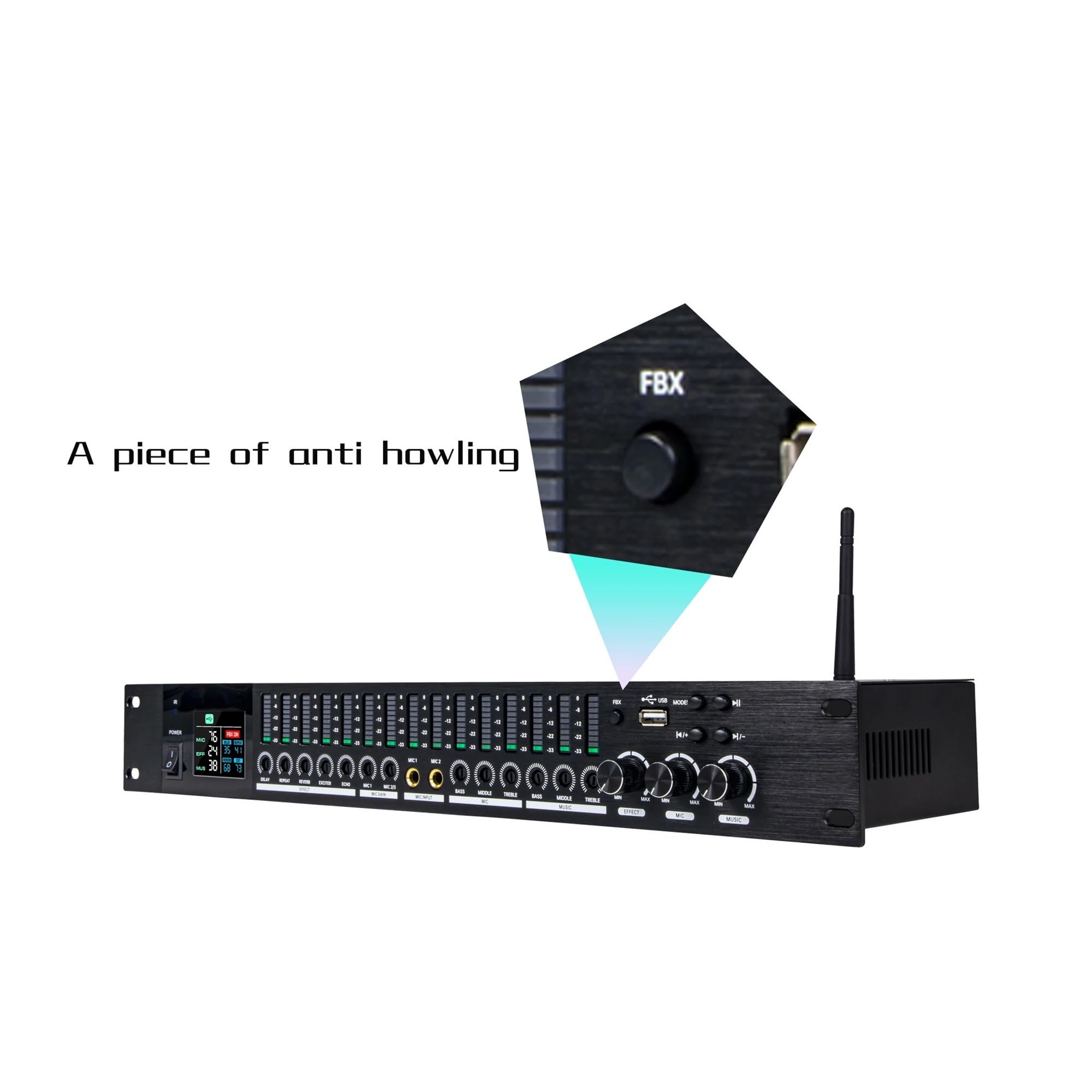 Processeur D'effets Audio KTV Professionnel DSP Bluetooth, Processeur D'égalisation Anti-hurlement, Pré-effecteur For Fête Sur Scène Karaoké(Black)