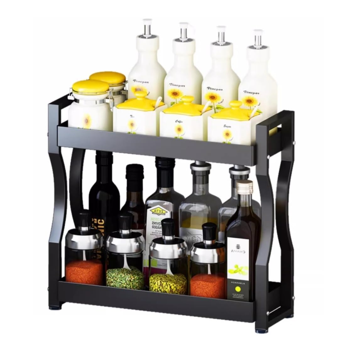 FYIYIEW spice rack, 2 Tier Spice Rack 304 Stainless Steel Organizer Kitchen Countertop Storage Shelf(Black,40 * 12.5 * 36.5cm)