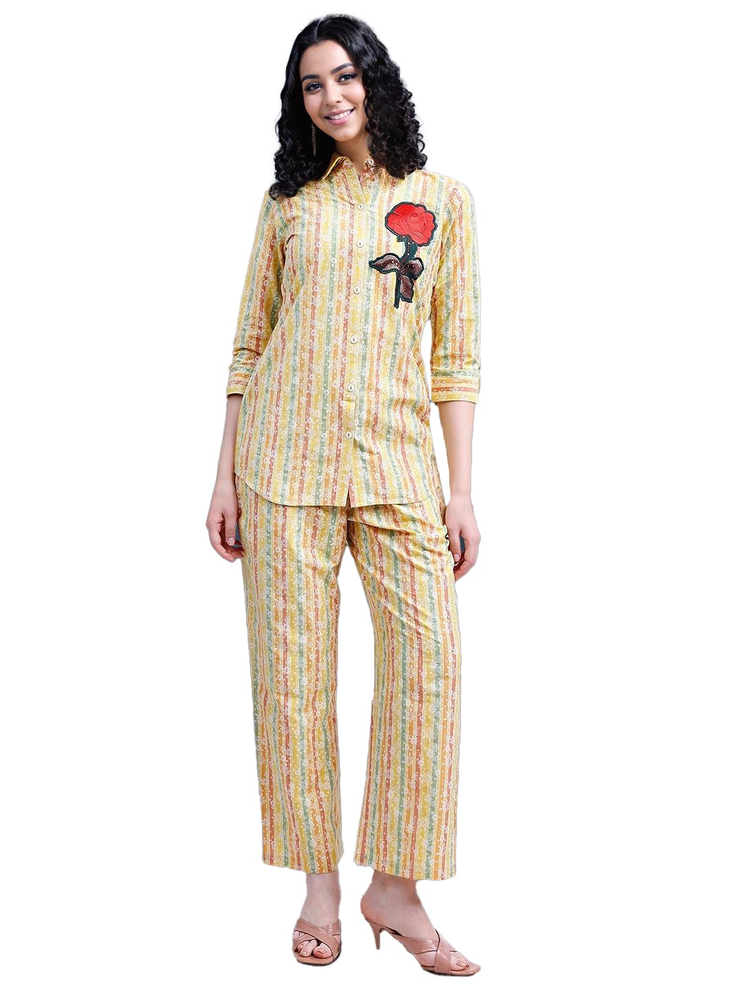 Women Yellow & Multi Handloom Screen Printed Co-ords Set with Floral Embroidery Patch Works-image-13