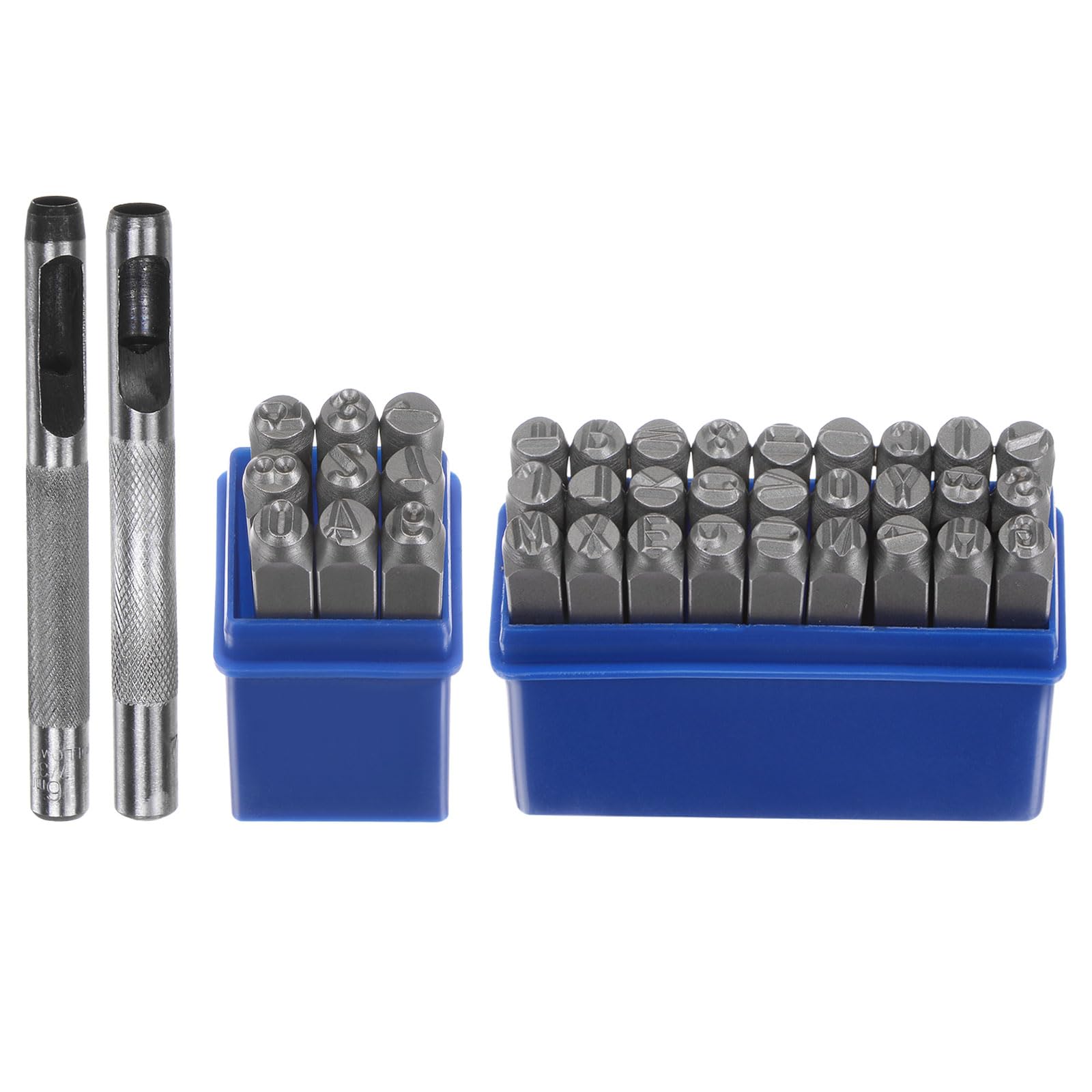 QUARKZMAN 36pz Metallo Stampaggio Kit 1/4" (6mm) (AZ, 0-8,"&" Simbolo) Acciaio Lettera Pugno Premere Utensile con Foro Pugno per Stampa su Metallo, Plastica, Legno, Pelle, Argento