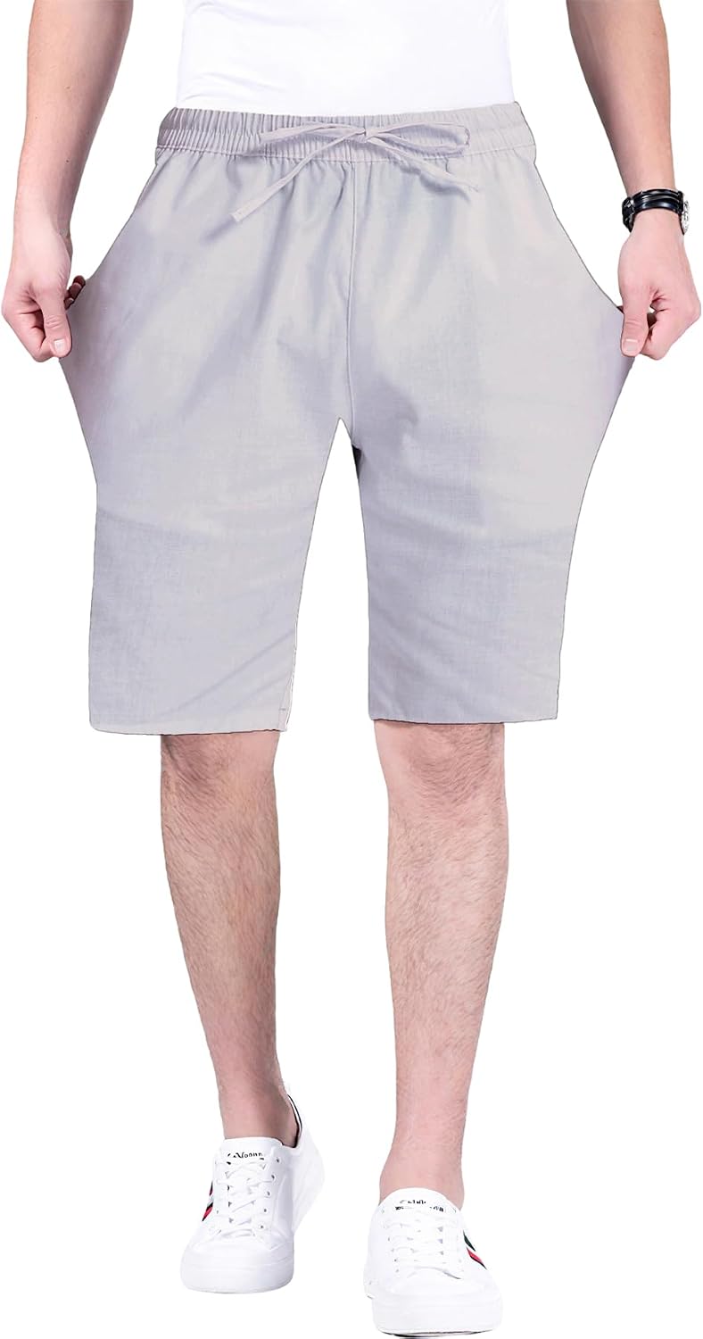 Men's Stretch Cotton Linen Shorts Casual Drawstring Relax Fit Elastic Waist Summer Beach Linen Shorts