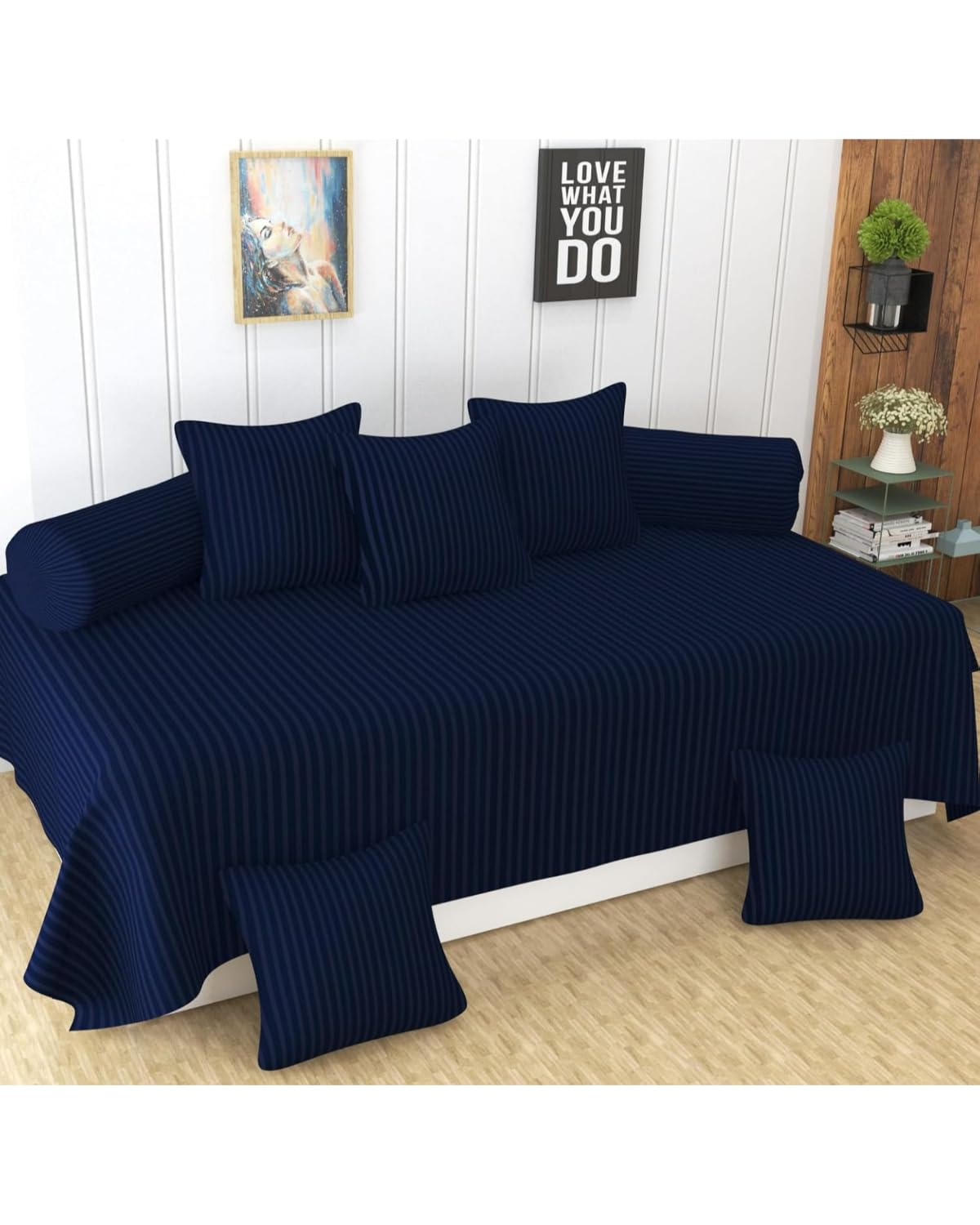 400 TC Stripes Glace Cotton Diwan Set - 8 Piece (1 Single Bedsheet, 2 Bolster Covers, 5 Cushion Covers), Navy-image-11