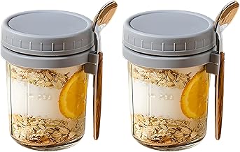 Shudyear Overnight Oats Container 2-Pack, Overnight Oats Jars with Lid and Spoon, 10 oz Airtight Breakfast Jars with Measurement Marks, Overnight oats jars for Cereal Milk Yogurt Storage (Grey)