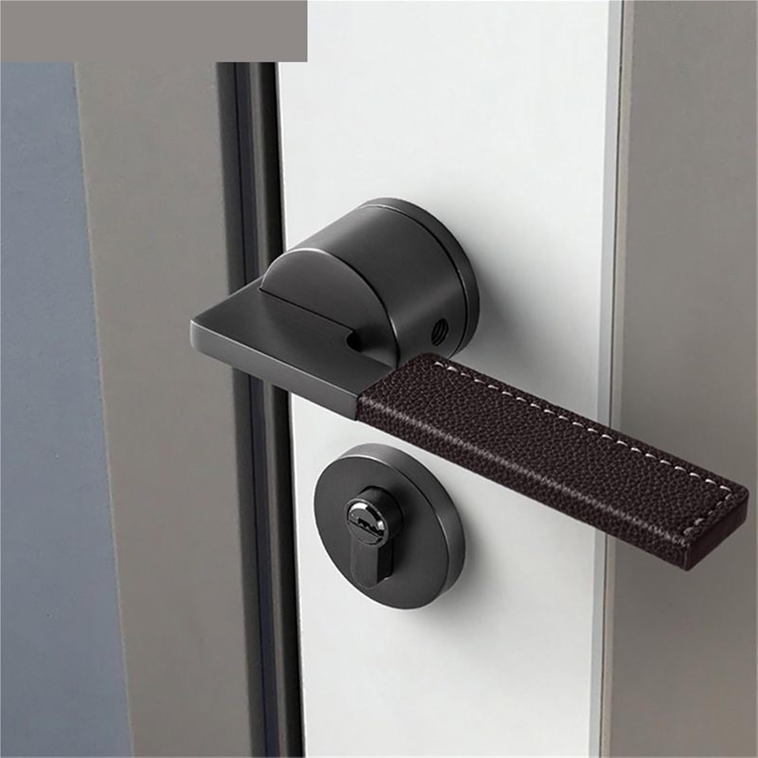 Leather Zinc Alloy Door Handle Lock Interior Bedroom Bathroom Home Room 1Pcs(Grey-No Leather)