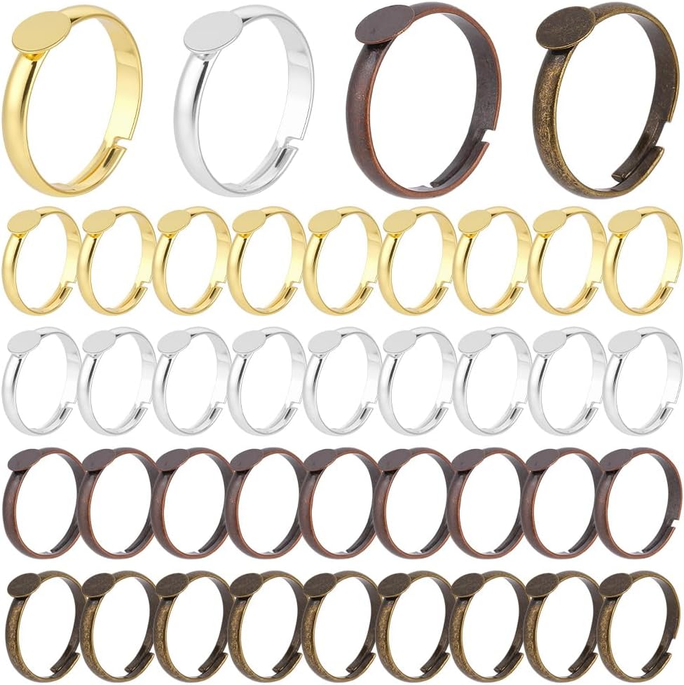 CRAFTYMELODY 40Pcs 4 Colors Adjustable Blank Rings Silver Golden Bronze Metal Ring Base Blank Brass Finger Ring Settings Components Base with 6mm Round Pad for Jewelry Making Supplies DIY Crafts