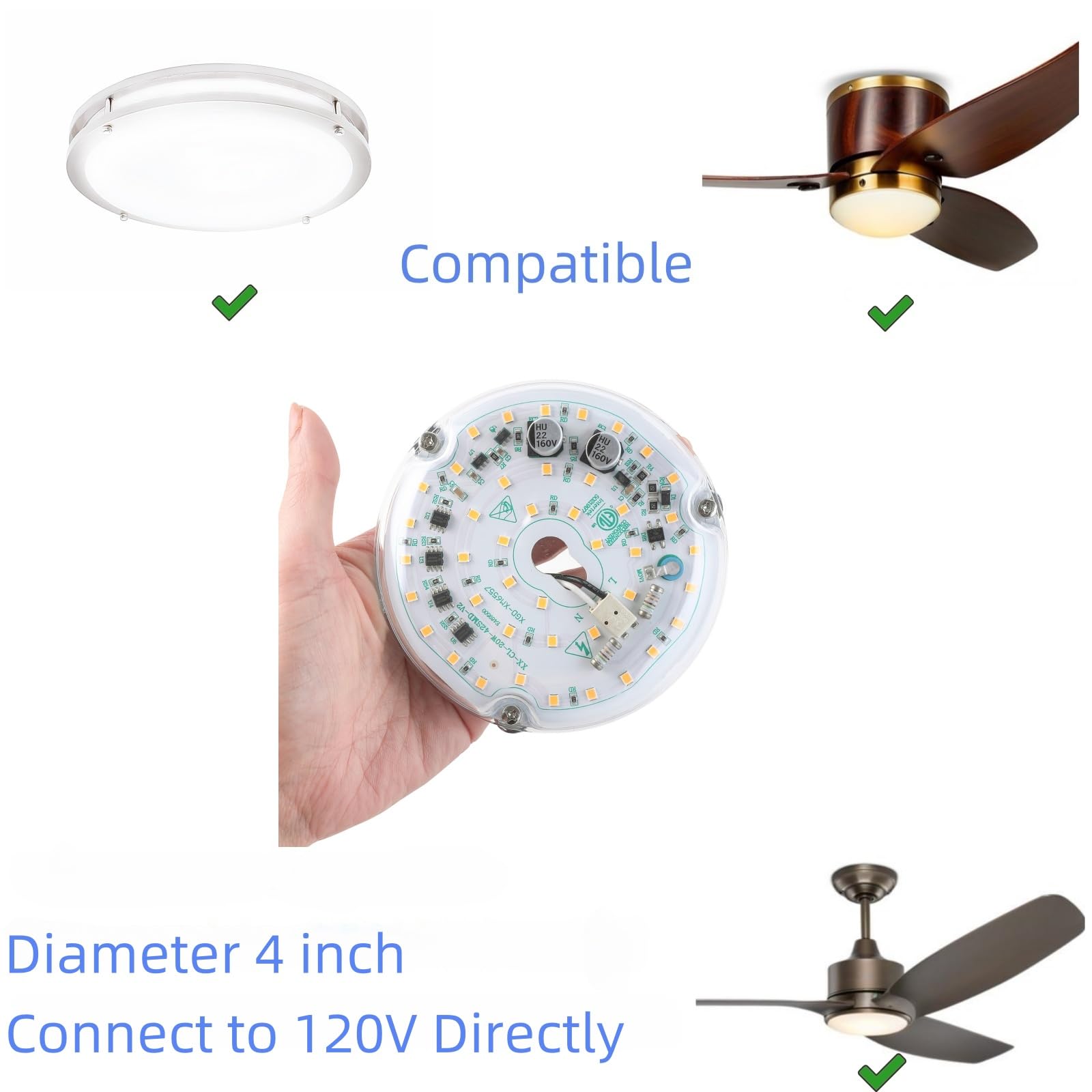 Kit de actualización de luz LED para ventilador de techo de 4 pulgadas, 20 W, tablero de módulo de repuesto para luz de techo, blanco 5000K 2400LM, 120V, ETL CRI90 4