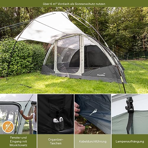skandika 4/6 Personen-Zelt Falkenberg | Tunnelzelt/Familienzelt | 2 m Stehhöhe | 4.000 mm Wassersäule | Moskitonetze an Allen Eingängen | Leichter Aufbau durch farbkodierte Stangen (6-Personen) - 4