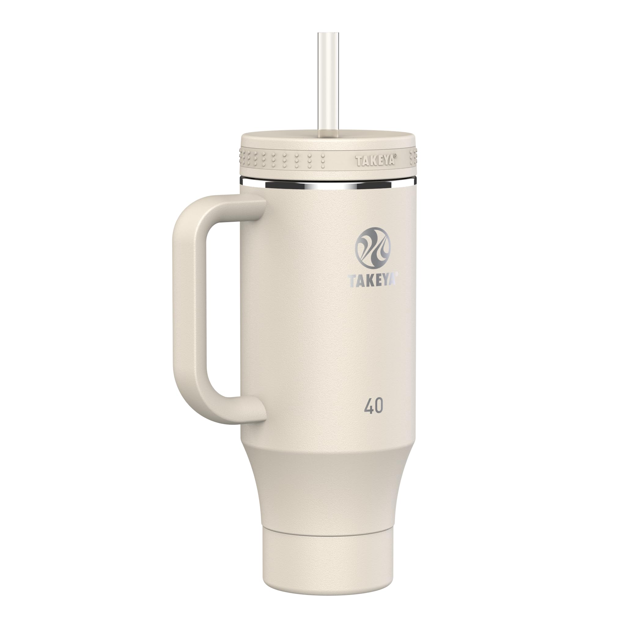 Takeya Edelstahlbecher mit Griff und Strohhalm (1,2 l, Hafermilch) – isolierte Wasserflasche mit Strohhalm für Wasser und Eisgetränke