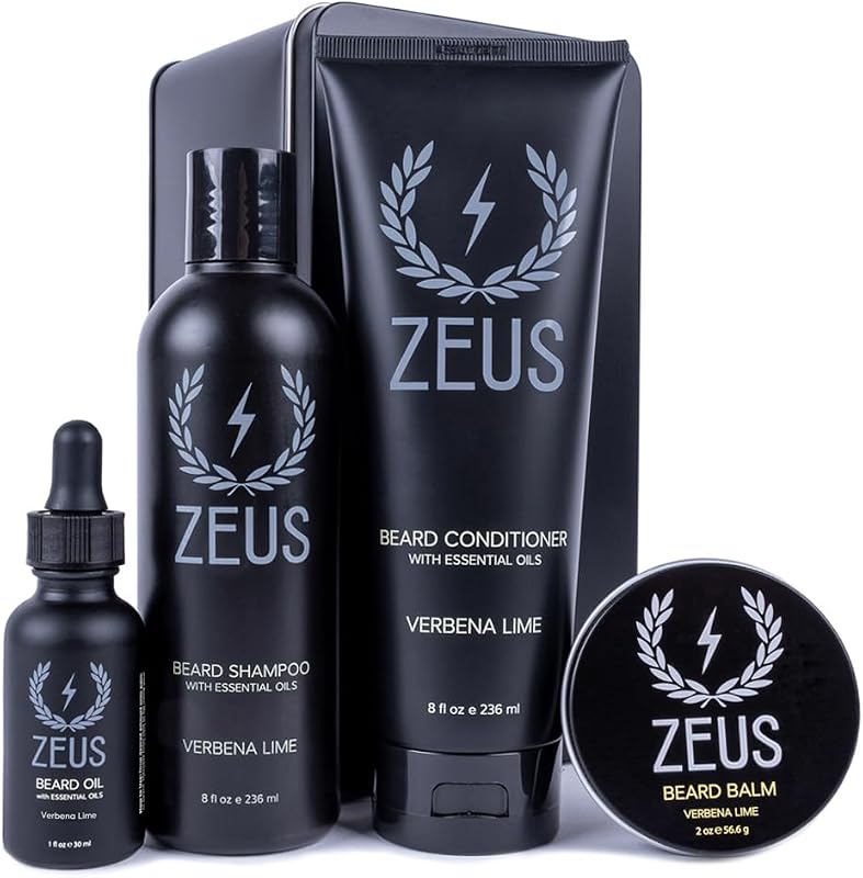 ZEUS Everyday Beard Wash & Conditioning Kit for Men (Verbena Lime) | Daily Premium Beard Grooming Set with Beard Wash, Natural Oil & Balm in Gift Tin for Healthier Facial Hair (Made in USA)