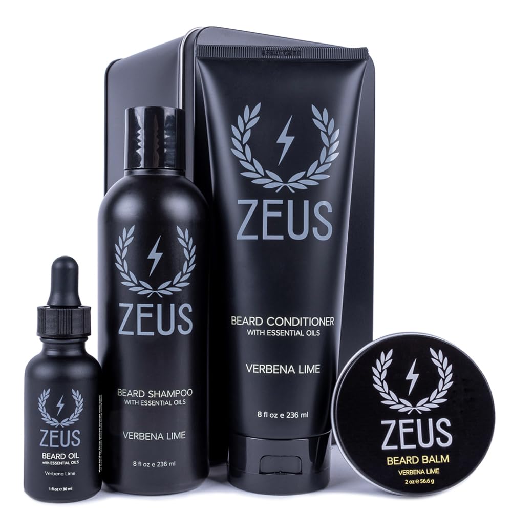 ZEUS Everyday Beard Kit for Men, Facial Hair Shampoo, Conditioner, Oil, Balm & Tin Gift Box, Premium Beard Care & Grooming Set (Made in USA) Verbena Lime ZEUS Everyday Beard Kit for Men, Facial Hair Shampoo, Conditioner, Oil, Balm & Tin Gift Box, Premium Beard Care & Grooming Set (Made in USA) Verbena Lime