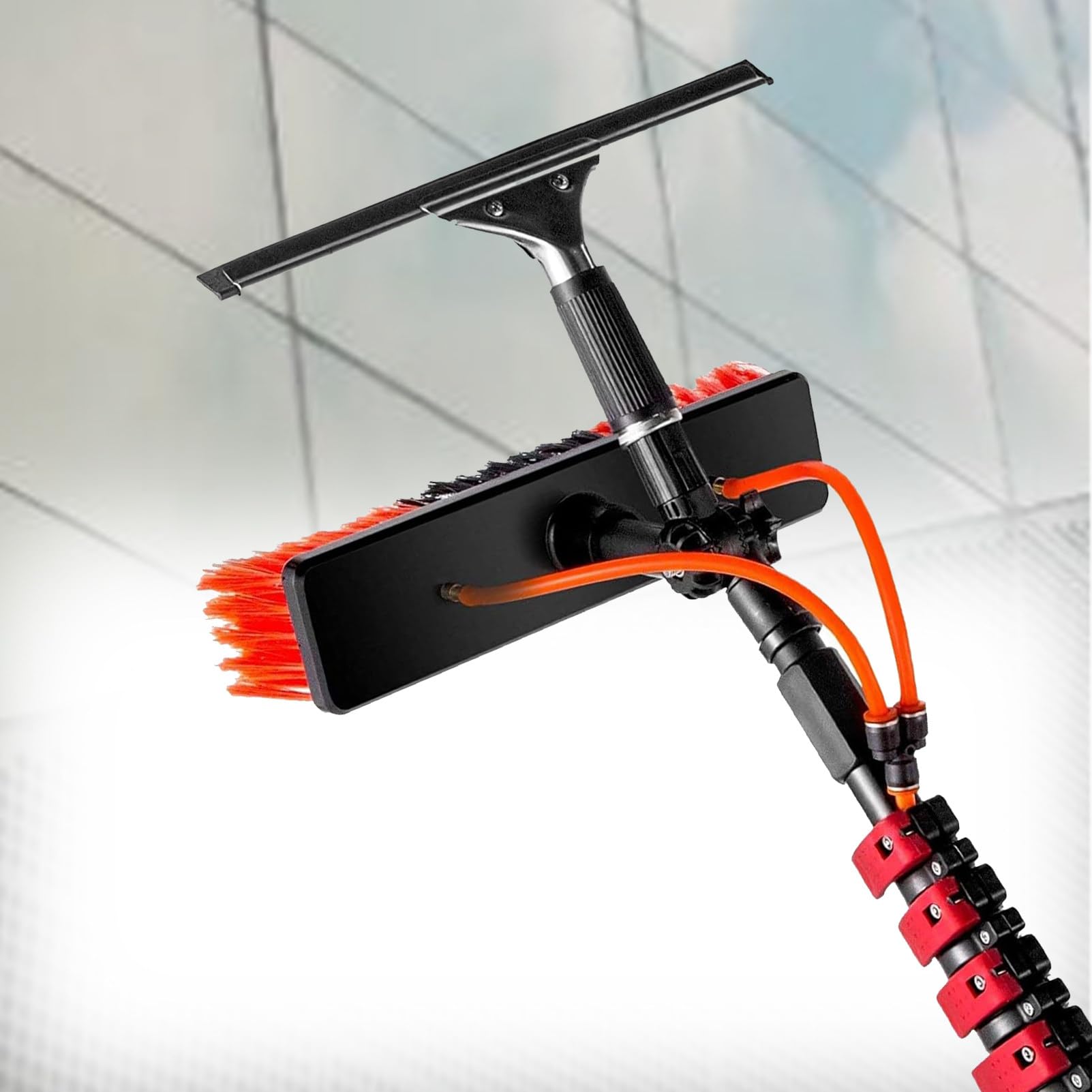 Kit de limpiador de ventanas telescópico, cepillo de limpieza de paneles fotovoltaicos, sistema de poste alimentado por agua, cabezal de cepillo de 35 cm con escobilla de goma, alcance de 12 m para