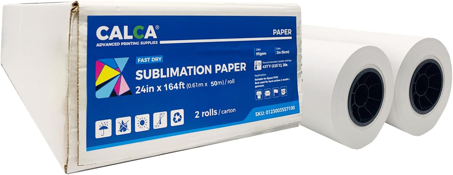 CALCA 2 Rolls 24in Dye Sublimation Paper Roll 2" Core for E)*pson F570, Fast Dry Sublimation Paper 24in x 164ft Heat Transfer Paper Roll 95gsm (24in x 164ft x 2Rolls)
