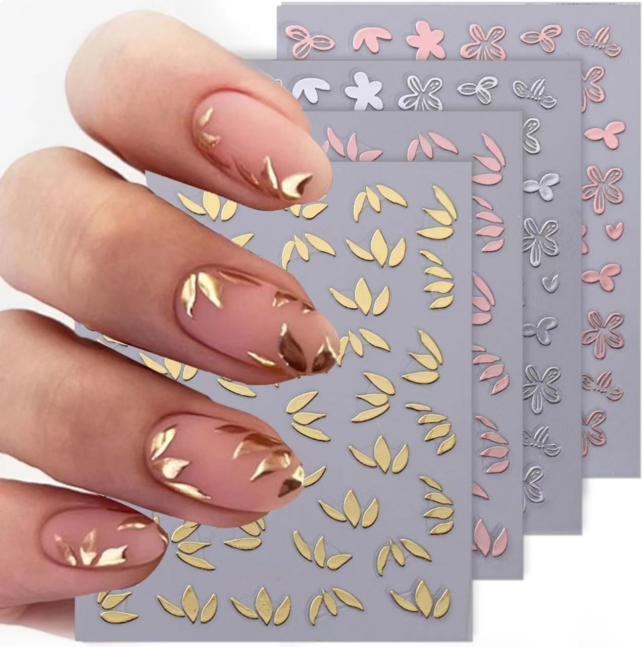 8pcs 3D Bronzing Flower Leaf Nail Art Stickers Metallic