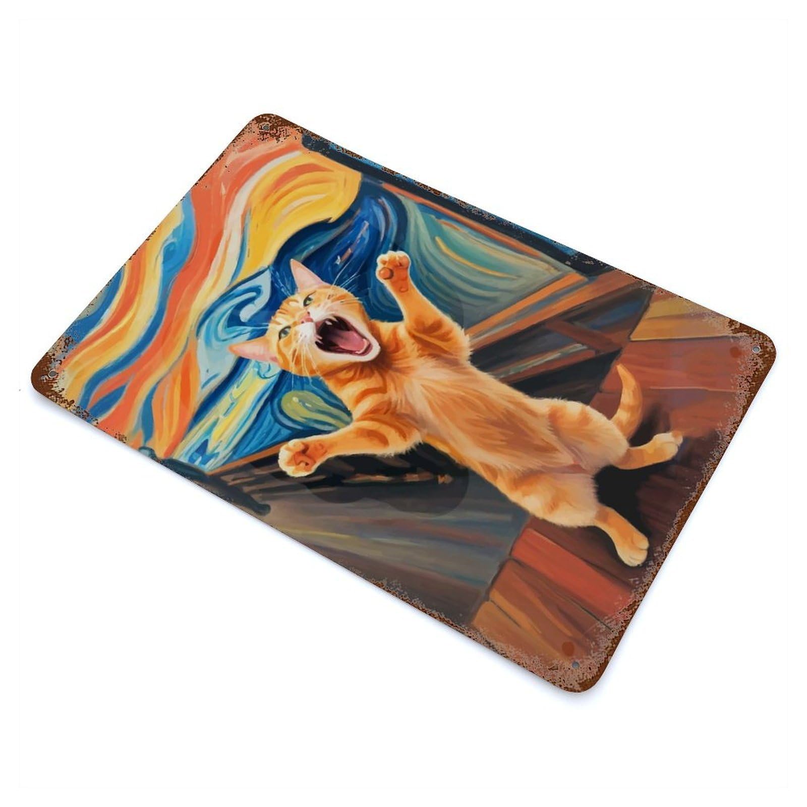 Garage Style Orange Cat The Scream Weathered Tin Sign 11.8"x7.9", Classic Wall Plaque for Bar And Workshop