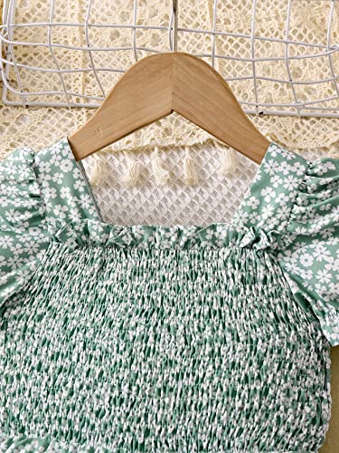Verdusa Girl's Floral Print Puff Sleeve Shirred Ruffle Hem Romper Short Jumpsuit Green 4Y #TOP3