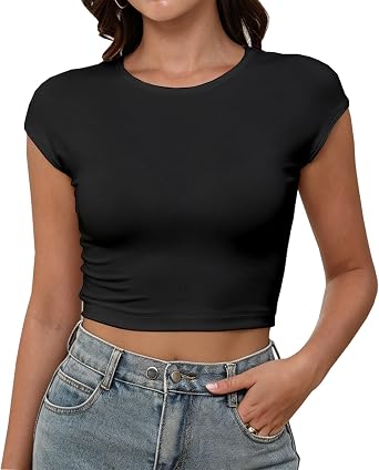 Dwnval Womens Cute Cap Sleeve Crewneck Crop Top Summer Tops