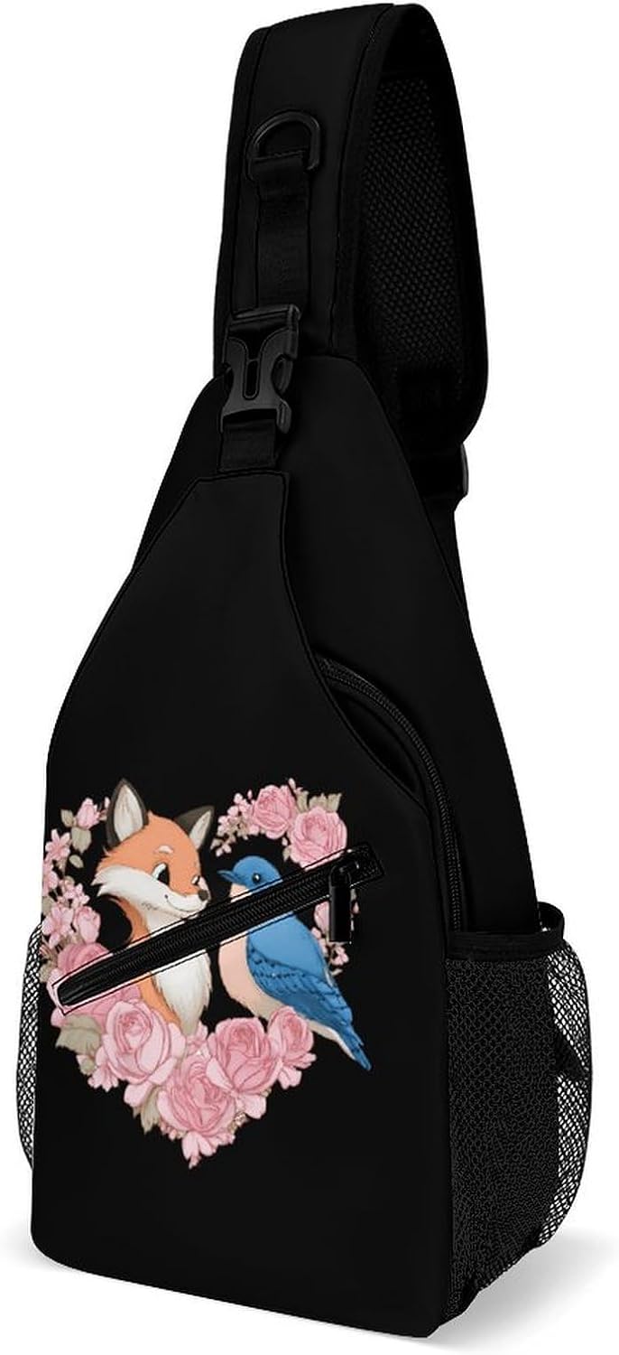 Foxes Rose Cute Bird Men Crossbody Sling Backpack Chest Bag | Travel Fanny Pack,Hiking Daypack,Print Shoulder Bags