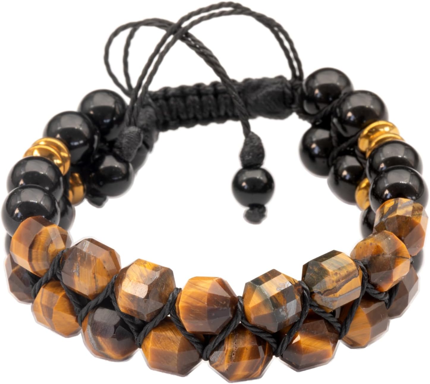 Natural Gemstone Double Row Macrame Bracelet for Men & Women | Handmade 8mm Bead Bracelet with Black Onyx & Hematite | Adjustable Waxed Cord | Zodiac Chakra Jewelry Gift
