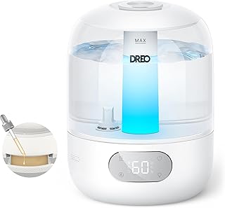 DREO Humidificador Bebés 3L 26dB Silencioso con Sensor de Humedad, Niebla Fría Ultrasónica, 30h Autonomía, Boquilla 360°, Luz Ambiental, Difusor de Aceites Esenciales, Blanco