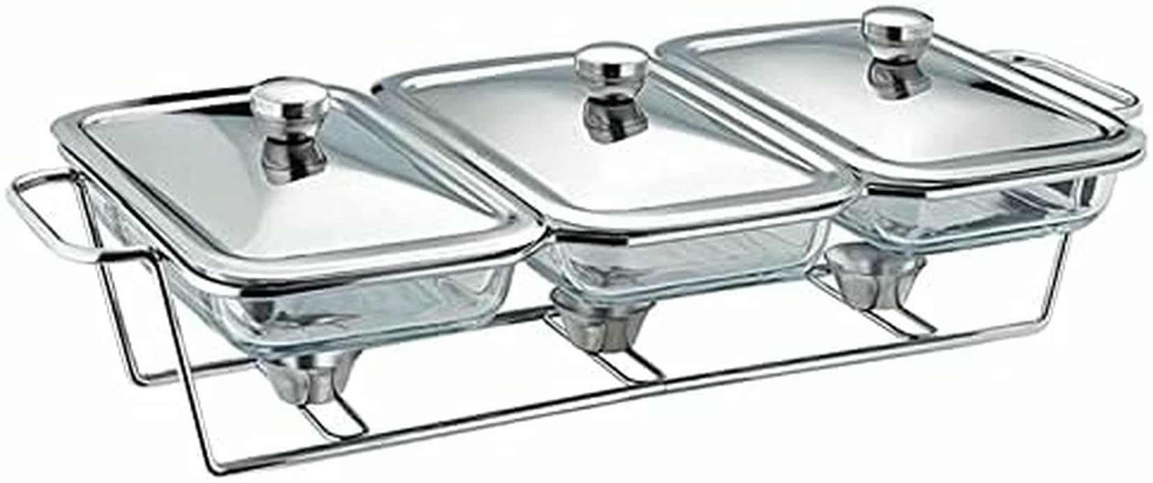 Chafing dish buffet rectangulaire avec 3 bacs en verre et réchaud