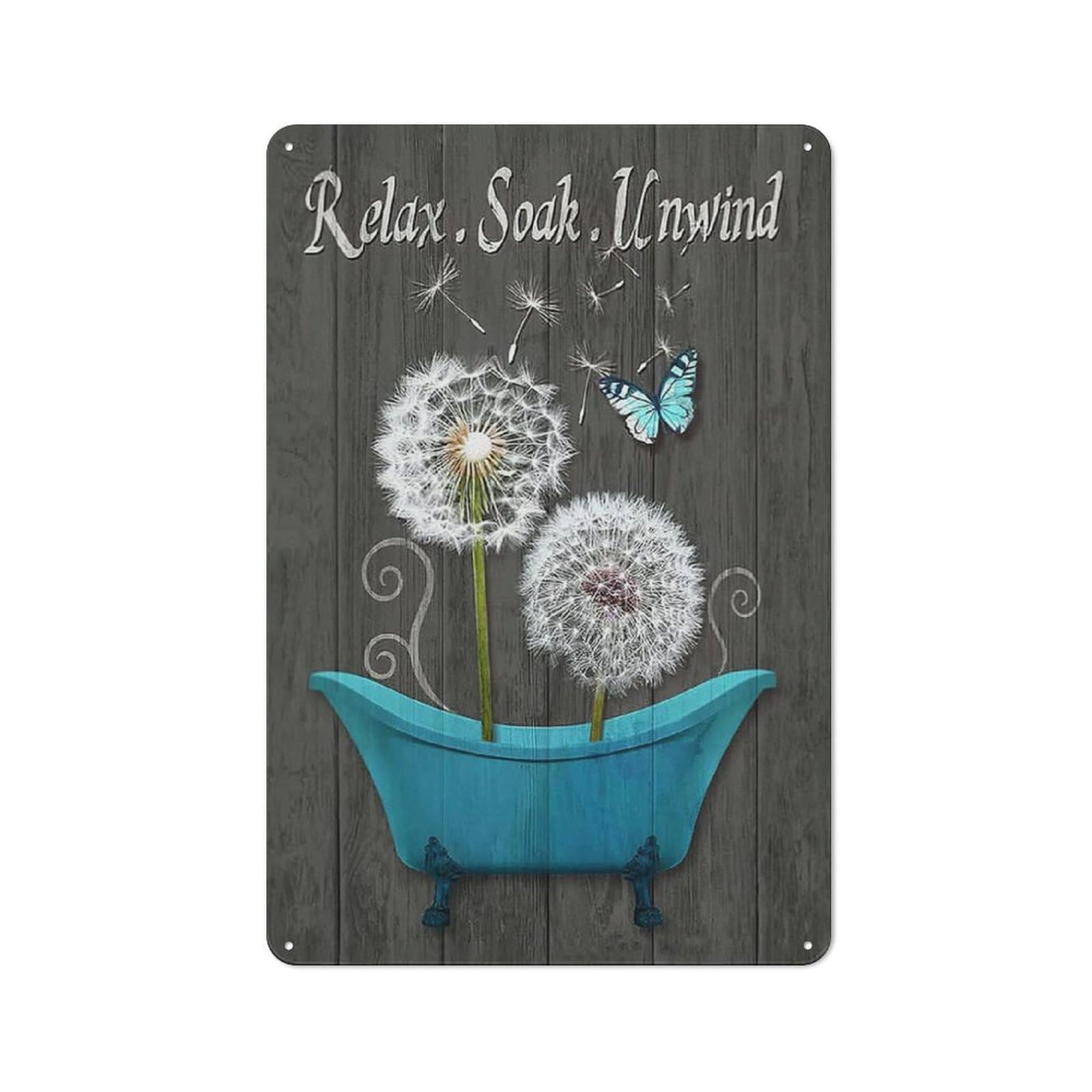 Kisoyo Tin-14 Rustic Metal Tin Sign Farmhouse Wall Art Dandelion Butterfly Wall Decor Country Teal Bathtub Bathroom Wall Decor Relax Soak Unwind Bathroom Signs Home Artwork 8X12inch
