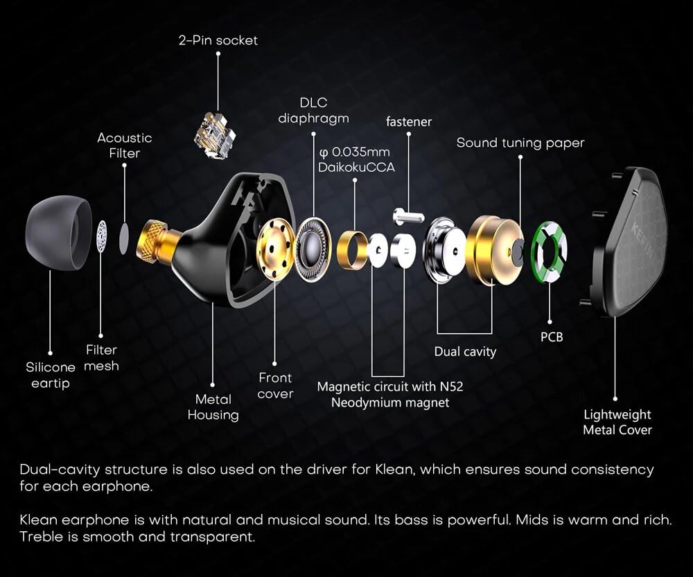 KEFINE Klean Monitory douszne, IEMs do gier, 10 mm membrana DLC, dynamiczny przetwornik, podwójne wnęki IEM z posrebrzanym miedzianym kablem, przewodowe słuchawki douszne 3,5 mm (czarne, bez