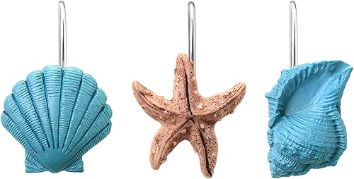 AGPtek 12 ganchos para cortina de ducha con conchas marinas para el hogar y el baño (azul)