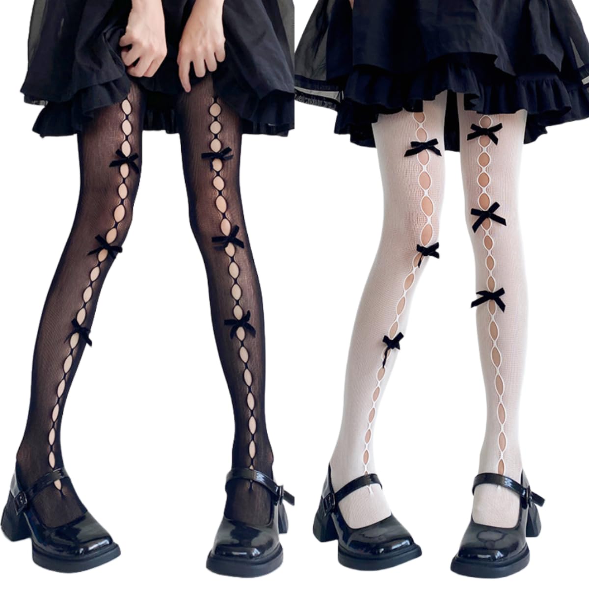AKAMAS 2 Pairs Womens Bow Fishnet Tights,Sheer High Waist Pantyhose,Soft Nylon Net Stockings,Elasticated Long Socks,Sweet Lolita Gothic Fishnet Leggings,Summer Mesh Tight High Stockings A