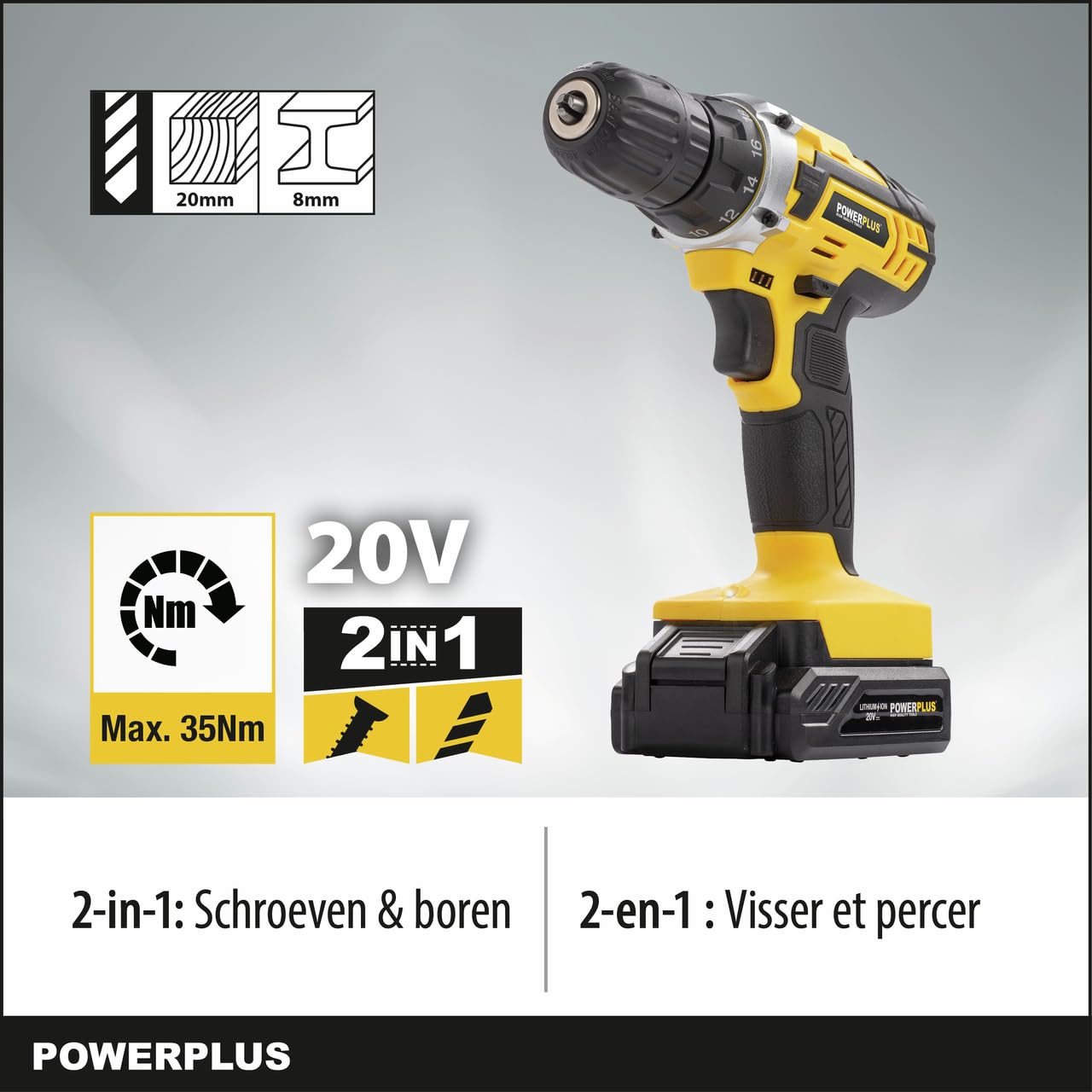 Powerplus Avvitatore a batteria e trapano POWX00830-20 V, con 2 batterie da 20 V e caricabatterie, cassetta degli attrezzi da 134 pezzi con punte per avvitatore, per legno, pietra e metallo