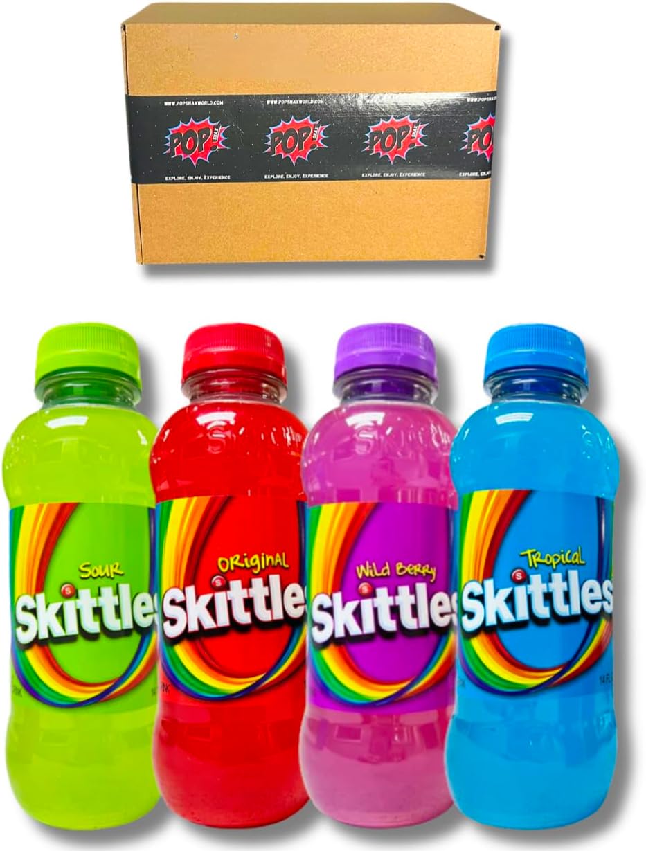 Pop SNAX Skittles Drinks 4 Flavor Variety Pack 14oz | 4 Bottles | Wild Berry, Tropical, Sour and Original Flavor | Skittles Juice