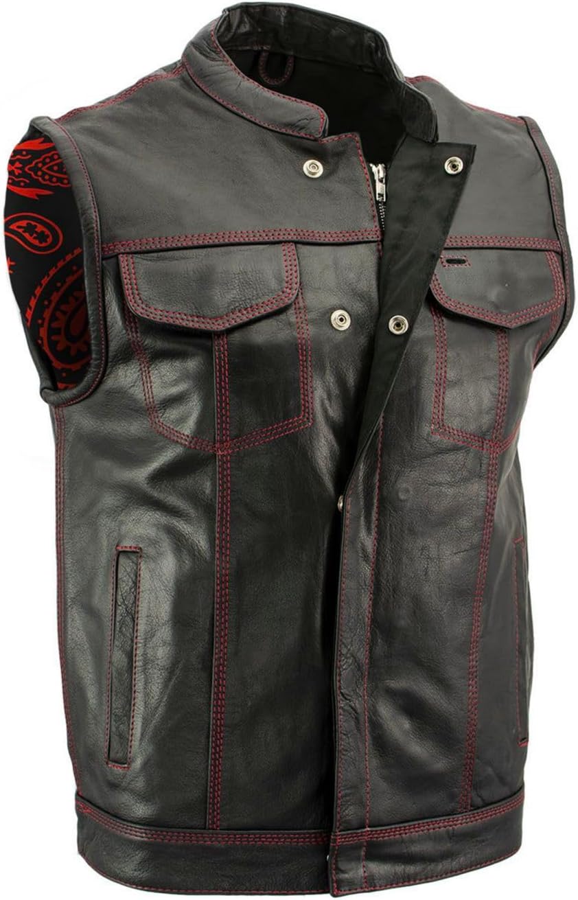 Milwaukee Leather Men's Redline Ledger Club‑Style Motorcycle Premium Leather Vest w/Red Stitching LKM3788