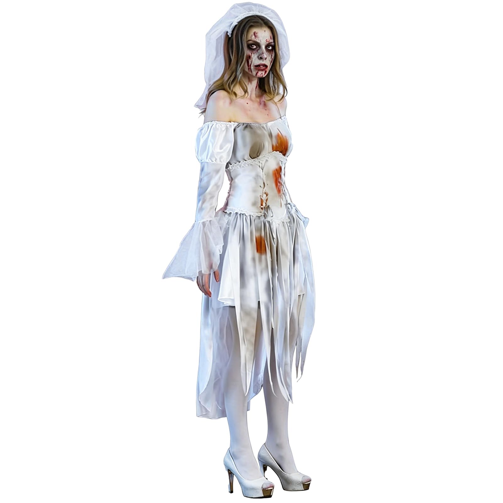 Sexy outfit Damski kostium zakrwawionej zwłok panny młodej 3-częściowy zestaw Sukienka z odkrytymi ramionami z gorsetem i welonem Halloween Straszny przebranie