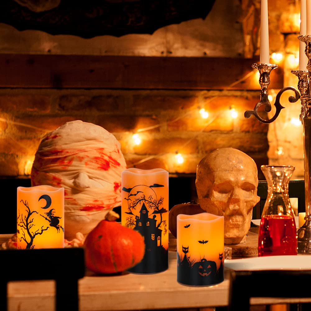 GenSwin Candele di Halloween con timer, candele tremolanti senza fiamma a batteria, confezione da 3 candele in vera cera, per decorazioni per la casa di Halloween (7,6 x 10,2 cm x 15,2 cm)